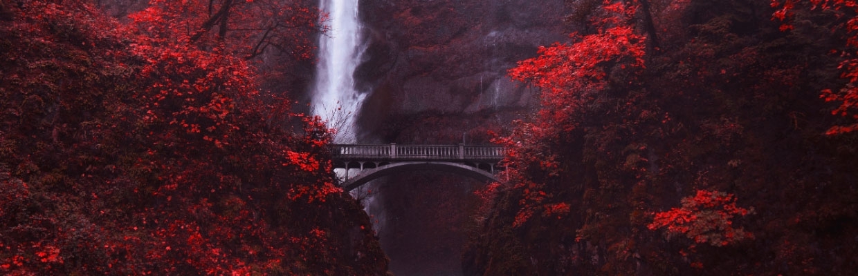 Bridge in front of a Waterfall